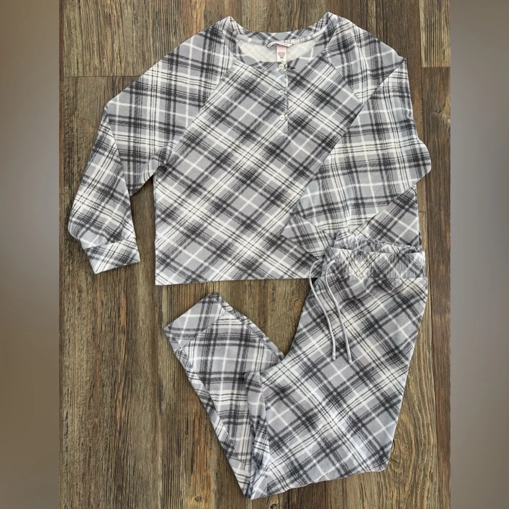 Victoria’s Secret Glow Waffle Henley Jogger Pajama Set Size Medium Gray Plaid - Picture 1 of 12